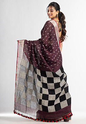 Handloom Pure Linen Jamdani Saree in Wine