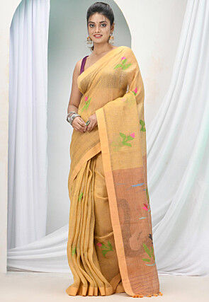 Handloom Pure Linen Saree in Beige