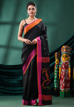 Handloom Pure Linen Saree in Black