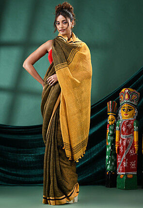 Handloom Pure Linen Saree in Black