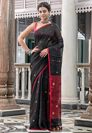 Handloom Pure Linen Saree in Black