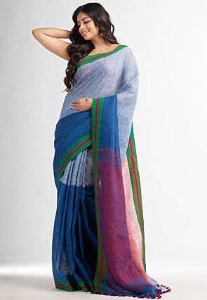 WoodenTant Women's Pure Linen Saree In white & black with Blouse Piece.