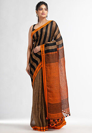 Handloom Pure Linen Saree in Brown