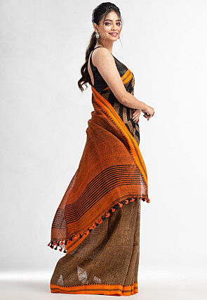 Handloom Pure Linen Saree in Brown