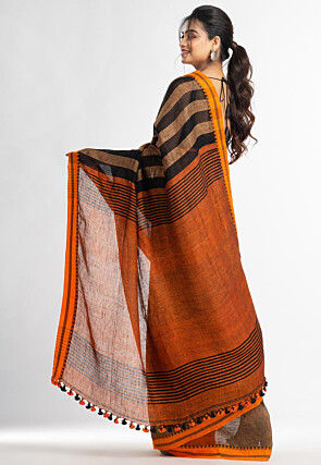 Handloom Pure Linen Saree in Brown