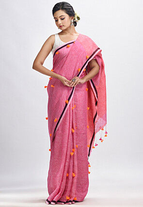 Handloom Pure Linen Saree in Dark Pink