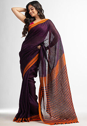 Handloom Pure Linen Saree in Dark Purple