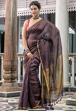 Handloom Pure Linen Saree in Dark Purple