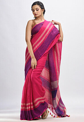 Handloom Pure Linen Saree in Fuchsia