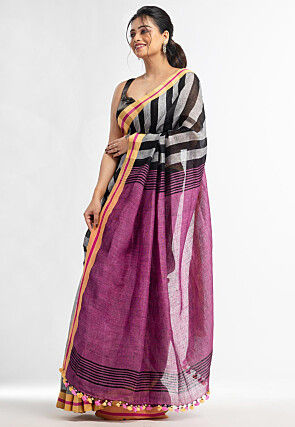 Handloom Pure Linen Saree in Grey and Black