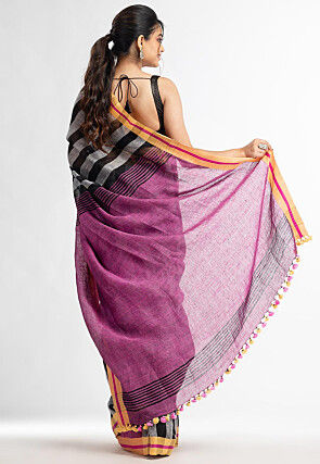 Handloom Pure Linen Saree in Grey and Black