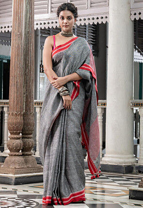 Handloom Pure Linen Saree in Grey