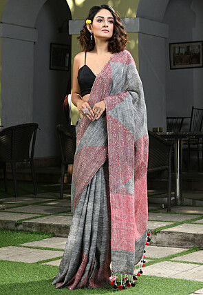 Handloom Pure Linen Saree in Grey