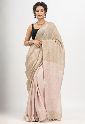 Handloom Pure Linen Saree in Light Beige and Dusty Pink
