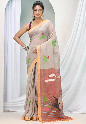 Handloom Pure Linen Saree in Light Fawn