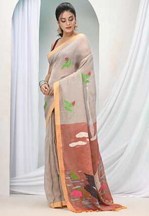 Handloom Pure Linen Saree in Light Fawn