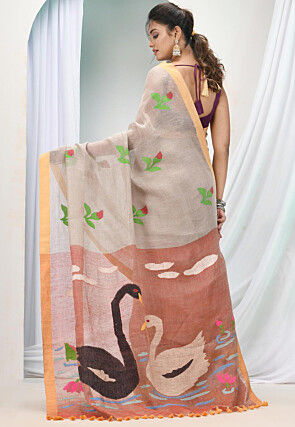 Handloom Pure Linen Saree in Light Fawn