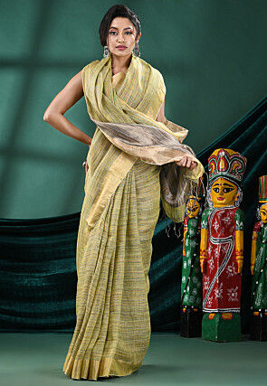 Handloom Pure Linen Saree in Light Green
