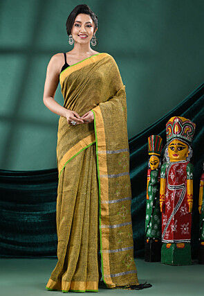 Handloom Pure Linen Saree in Light Green