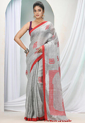 Handloom Pure Linen Saree in Light Grey