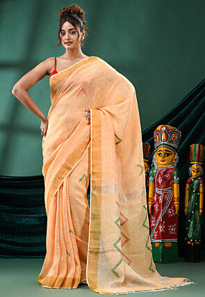 Handloom Pure Linen Saree in Light Orange