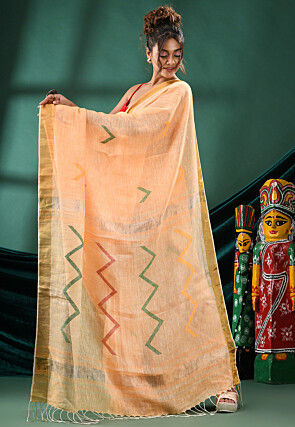 Handloom Pure Linen Saree in Light Orange