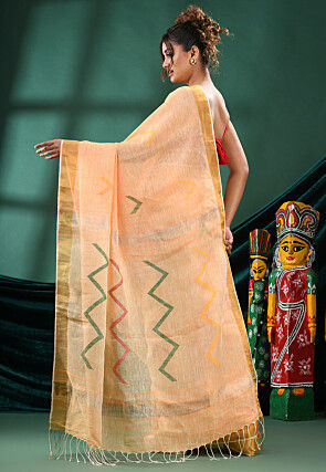 Handloom Pure Linen Saree in Light Orange
