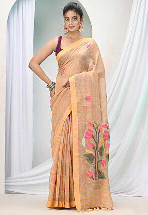 Handloom Pure Linen Saree in Light Peach