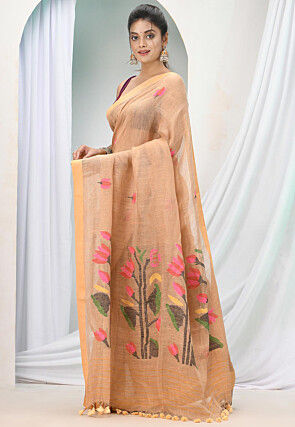 Handloom Pure Linen Saree in Light Peach