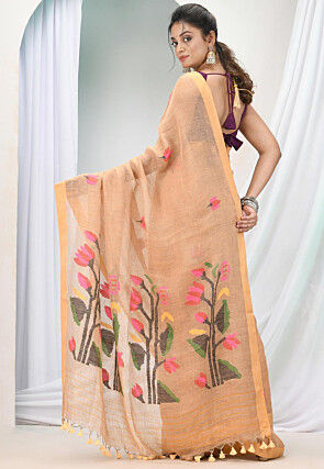 Handloom Pure Linen Saree in Light Peach