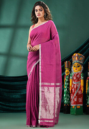 Handloom Pure Linen Saree in Magenta