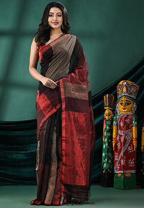 Handloom Pure Linen Saree in Multicolor