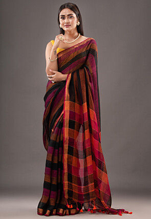 Handloom Pure Linen Saree in Multicolor