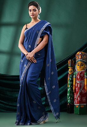 Handloom Pure Linen Saree in Navy Blue