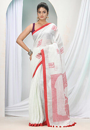 Handloom Pure Linen Saree in Off White