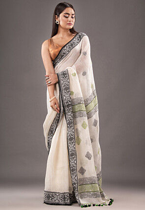 Handloom Pure Linen Saree in Off White