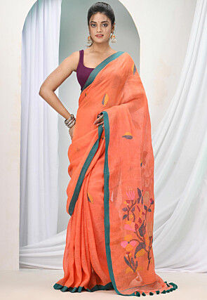Handloom Pure Linen Saree in Orange