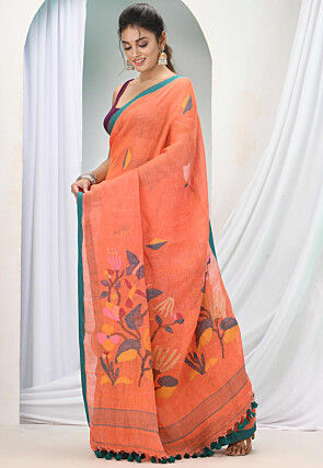 Handloom Pure Linen Saree in Orange