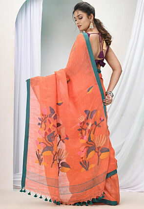 Handloom Pure Linen Saree in Orange
