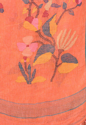 Handloom Pure Linen Saree in Orange