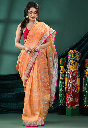 Handloom Pure Linen Saree in Peach Orange