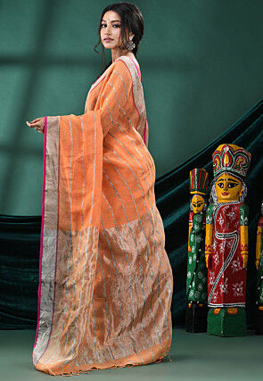 Handloom Pure Linen Saree in Peach Orange