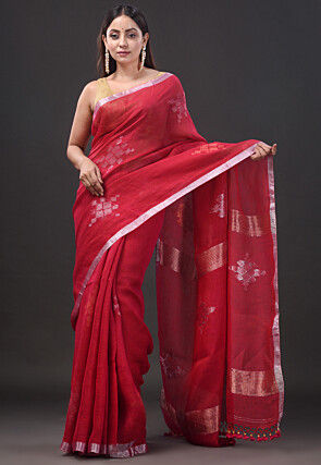 Handloom Pure Linen Saree in Red