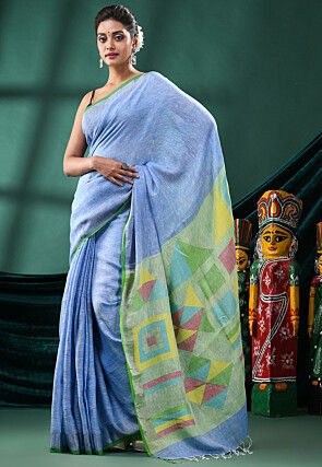 Handloom Pure Linen Saree in Sky Blue