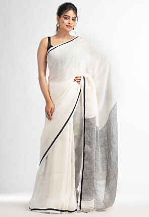 Printed White Color Pure Linen Saree