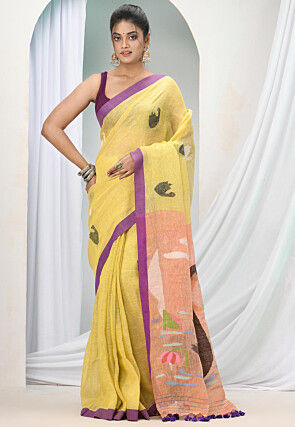 Handloom Pure Linen Saree in Yellow