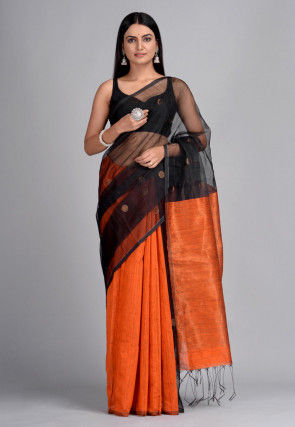 Handloom Pure Matka Silk Jamdani Saree in Black and Orange