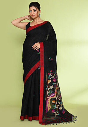 Handloom Pure Matka Silk Jamdani Saree in Black