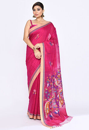Handloom Pure Matka Silk Jamdani Saree in Fuchsia