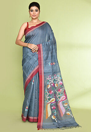 Handloom Pure Matka Silk Jamdani Saree in Grey